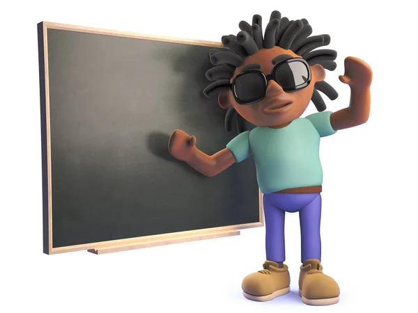 3d cartoon black man with dreadlocks teaching at a blackboard