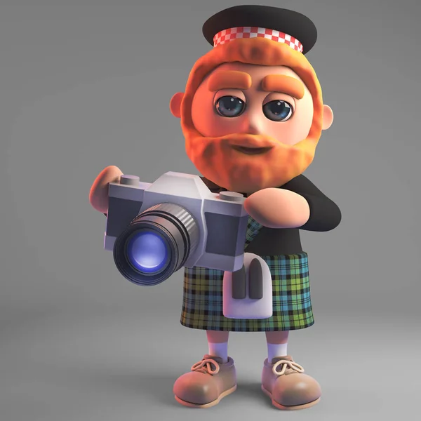 킬트에서 스코틀랜드 사람 자신의 카메라와 함께 사진을 찍고, 3D 그림 — 스톡 사진