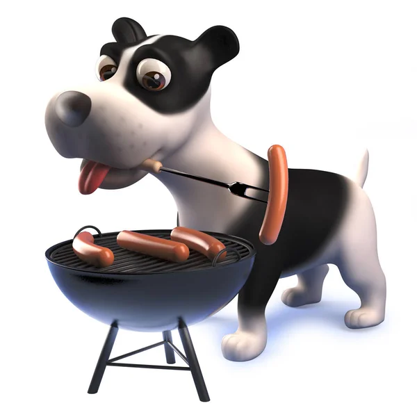 Perro cachorro blanco y negro hambriento en 3d jugando con una barbacoa — Foto de Stock