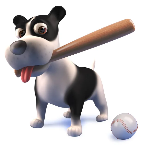Cão de cachorro de desenho animado preto e branco cão em 3d segurando um taco de beisebol — Fotografia de Stock