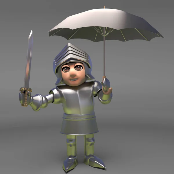 Eroico cavaliere medievale rimane asciutto nella sua armatura con e ombrello, illustrazione 3d — Foto Stock