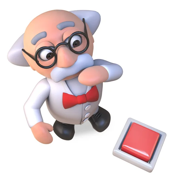 Kíváncsi őrült tudós professzor karakter néz egy kapcsolót a padlón, 3D illusztráció — Stock Fotó
