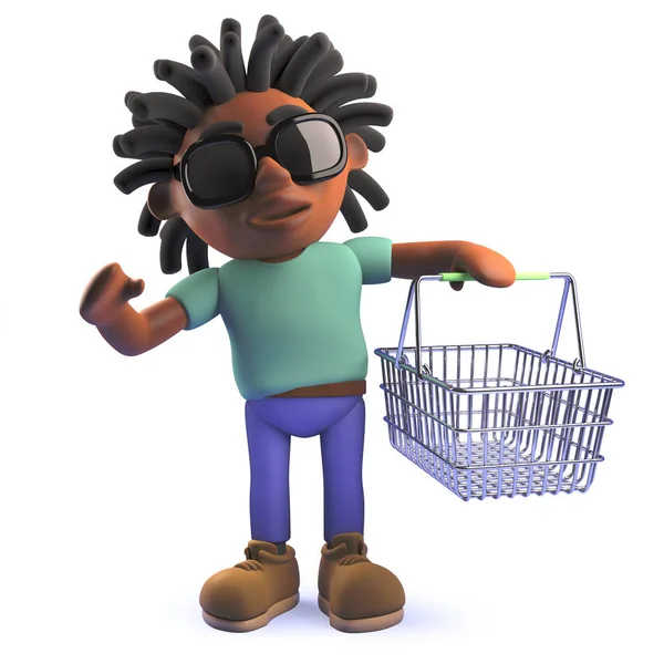 Afrikanischer rastafarischer Mann im 3D-Cartoon mit einem Einkaufskorb — Stockfoto