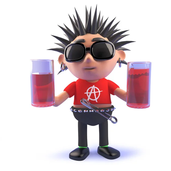 3d cartoon vicious punk rock character holding two glasses of drink — Stock Photo, Image