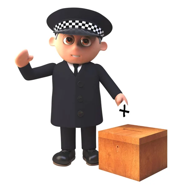 Мультфильм 3D полицейский полицейский отдает свой голос в избирательных бюллетенях, 3 иллюстрации — стоковое фото