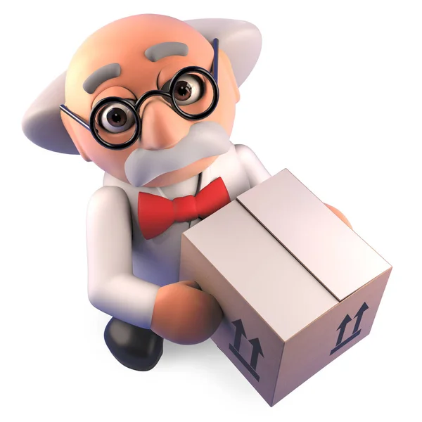 Смешной сумасшедший ученый профессор принимает доставку картонной коробки, 3d иллюстрации — стоковое фото