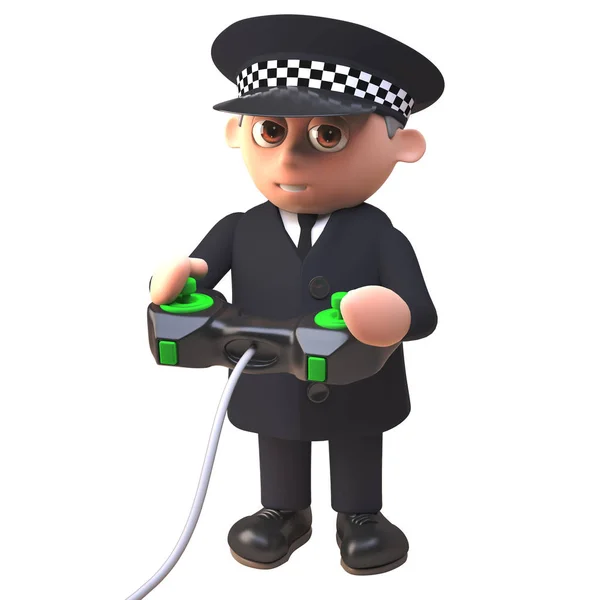 Police officer policeman character in uniform plays a video game with a joystick controller, 3d illustration — Stock Photo, Image