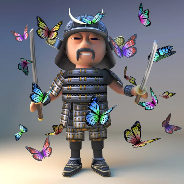 Cartoon samurai warrior from Japan with two katana swords stands amidst a swarm of butterflies, 3d illustration