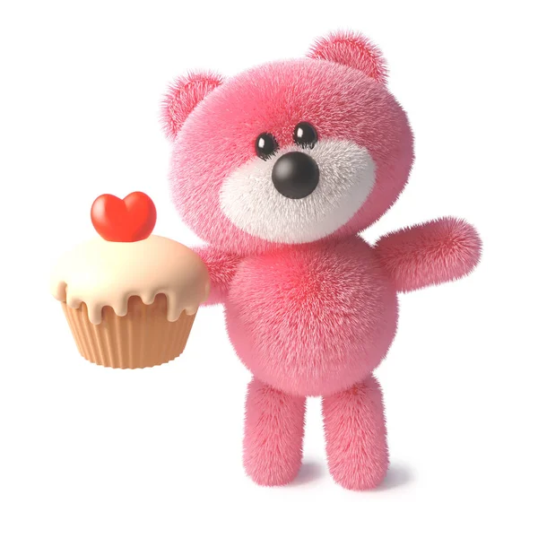 Vicces lágy rózsaszín bolyhos mackó karakter eszik egy finom cupcake egy piros szív zselé, 3D illusztráció — Stock Fotó