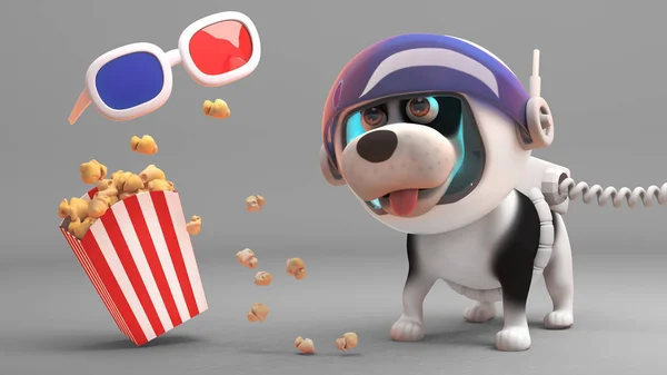 Cute puppy pies w skafander patrzy na pływające okulary 3D i popcorn, ilustracja 3D — Zdjęcie stockowe