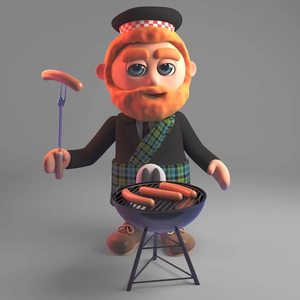 Голодный шотландский мужчина в килте готовит сосиски на барбекю барбекю, 3d иллюстрация — стоковое фото