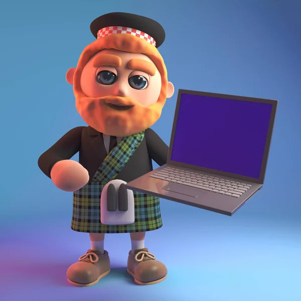 Бородатый шотландский мужчина в тартановом килте и спорран с ноутбуком, 3d иллюстрация — стоковое фото