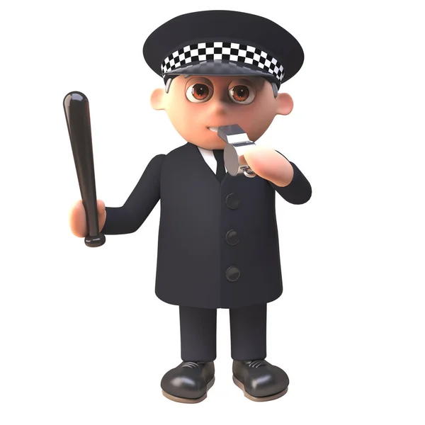 Police officer policeman 3d character blows his whistle and wields a truncheon, 3d illustration — Stock Photo, Image