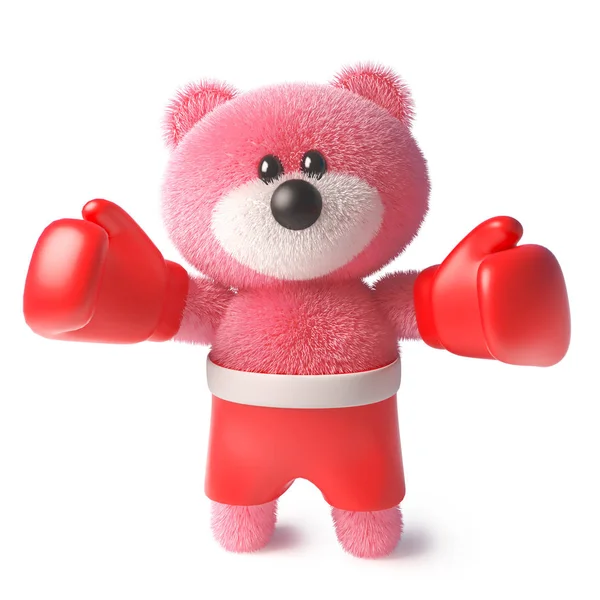 Teddy bear with fluffy pink fur wearing boxing gloves and boxing shorts, 3d illustration — Stock Photo, Image