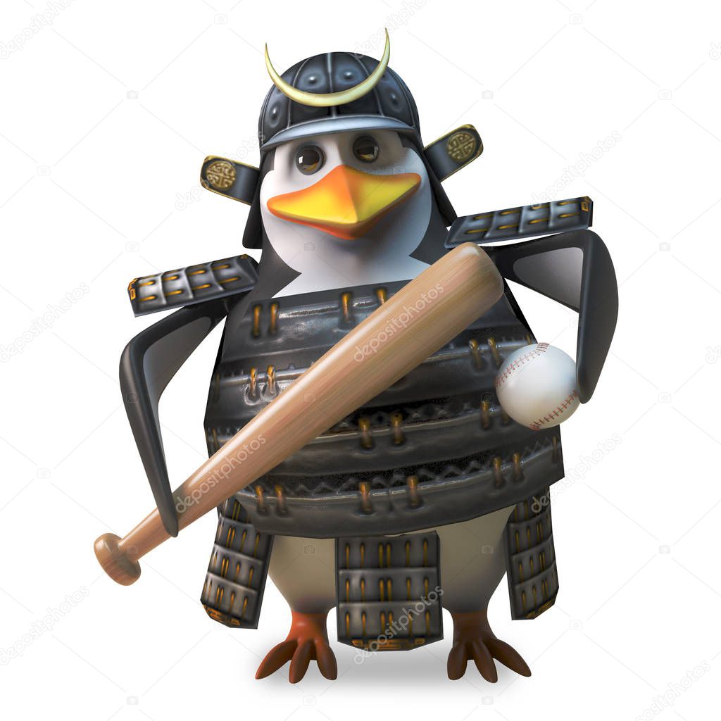 Sport loving penguin samurai warrior holding a baseball bat and ball, 3d illustration