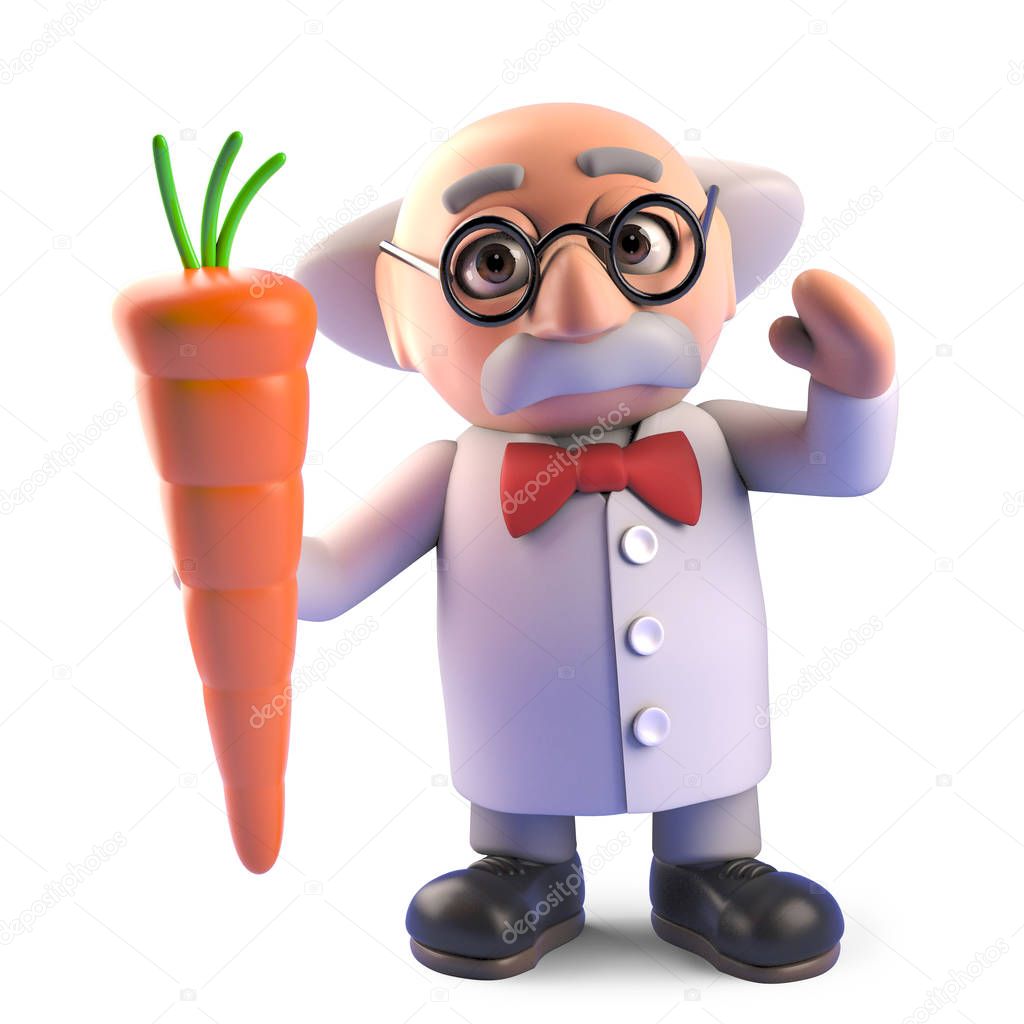 Personaje científico profesor loco de dibujos animados sosteniendo una verdura zanahoria nutritiva, ilustración 3d 2023 Personaje científico profesor loco de dibujos animados sosteniendo una verdura zanahoria nutritiva, ilustración 3d 2023