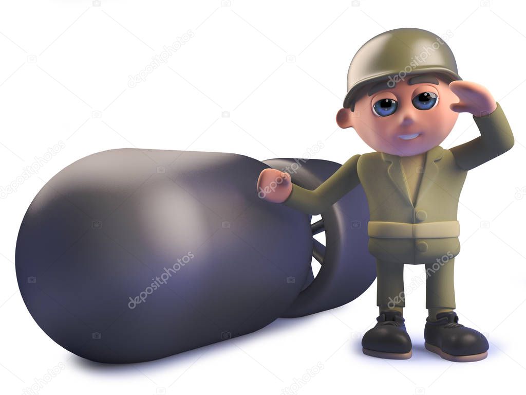 3d cartoon army soldier standing next to a nuclear atomic bomb