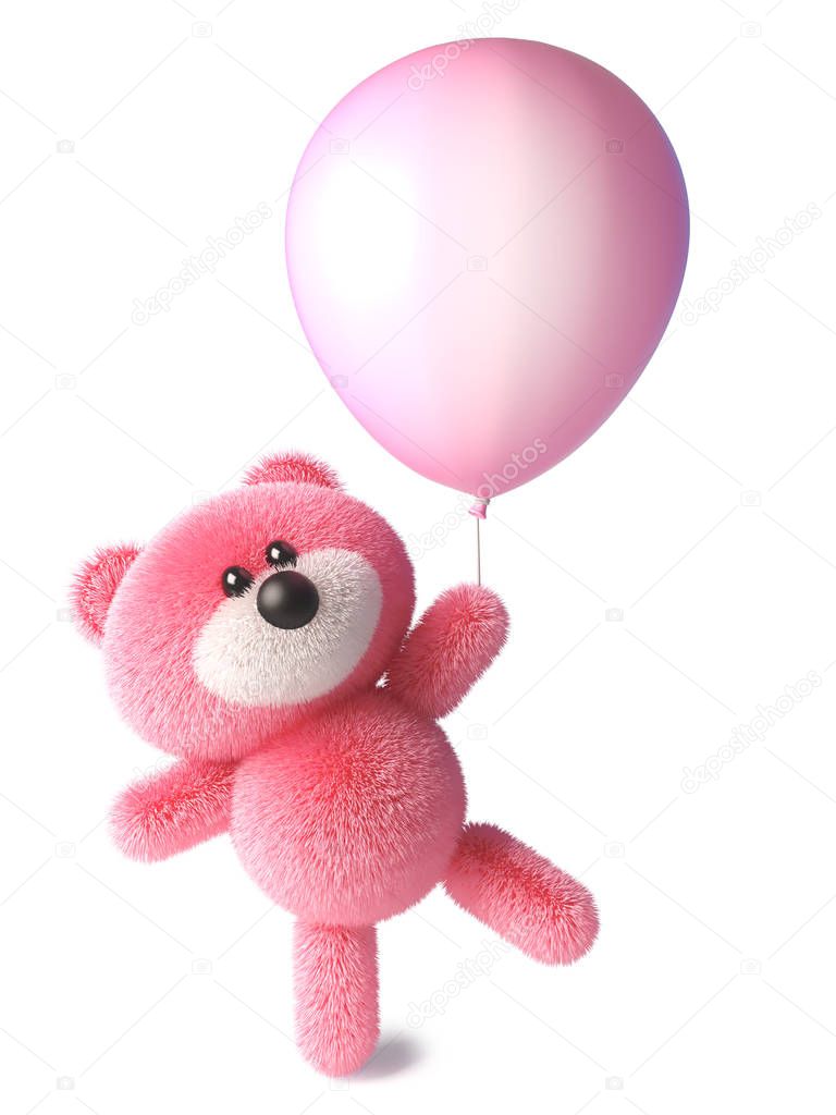 Teddy bear with pink fluffy fur starts to float holding onto a pink balloon, 3d illustration