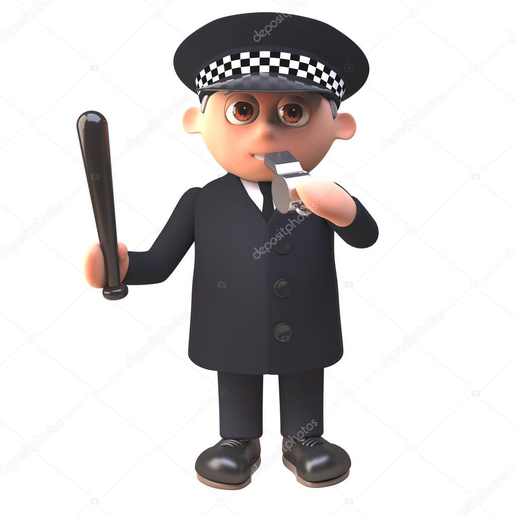 Police officer policeman 3d character blows his whistle and wields a truncheon, 3d illustration