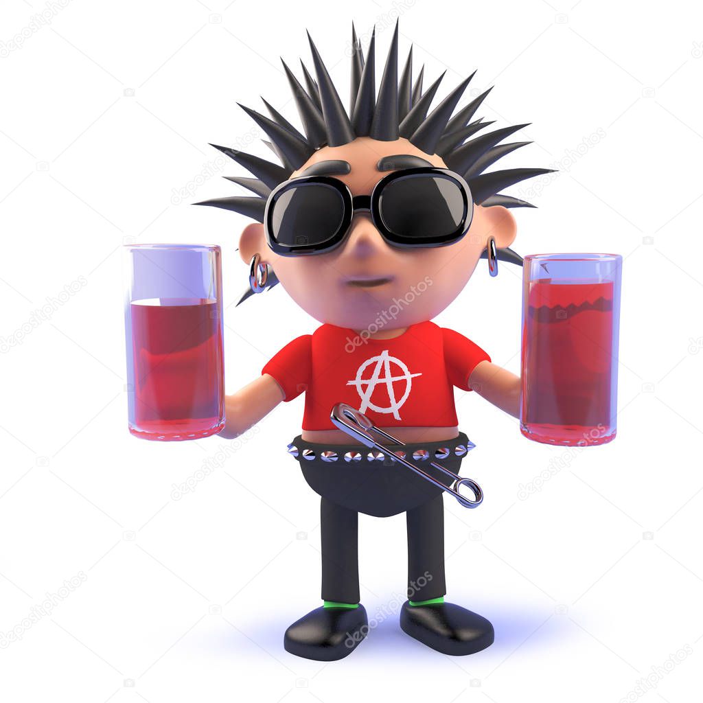 3d cartoon vicious punk rock character holding two glasses of drink
