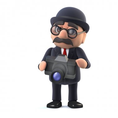 3D Bowler şapkalı İngiliz işadamı bir fotoğraf alır