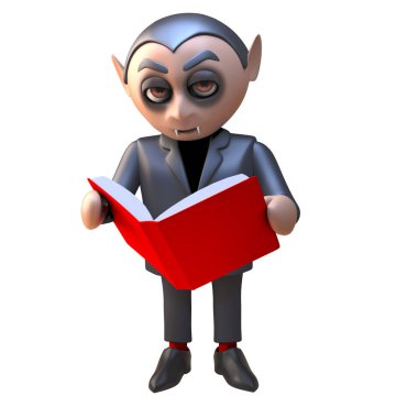 Dracula vampir karakter kötü, 3D illüstrasyon kırmızı bir kitap okuma