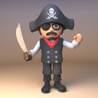 3D korsan Kaptan gözlük ve Jolly Roger kafatası ve kırık kemikler şapka dalgaları giyiyor ve bir Cutlass, 3D illüstrasyon wields