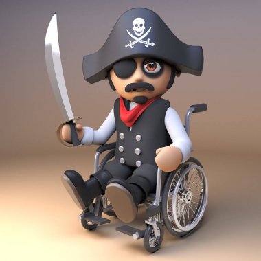 Bir tekerlekli sandalye, 3D illüstrasyon kullanırken eyepatch ve kafatası ve çapraz kemikler şapka korsan deniz kaptanı bir Cutlass wields