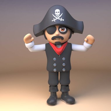 Jolly Roger mutluluk, 3D illüstrasyon ile eyepatch Cheers ile korsan deniz kaptanı giyiyor