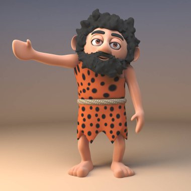 Hayvan Pelt aptal mağara adamı vahşi karakter bir araç olmadan sağ dönüş sinyalleri, 3D illüstrasyon