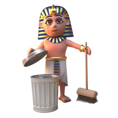 Bir süpürge ve çöp kutusu ile Tutankhamun firavunun 3D karakter Temizleme, 3D illüstrasyon
