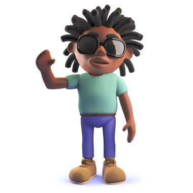 Karikatür 3D siyah Afrika Rastafarian adam neşeli bir merhaba sallayarak