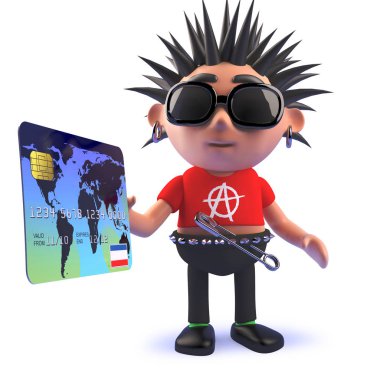 Bir banka kartı ile ödeme karikatür kısır punk rocker, 3D illüstrasyon