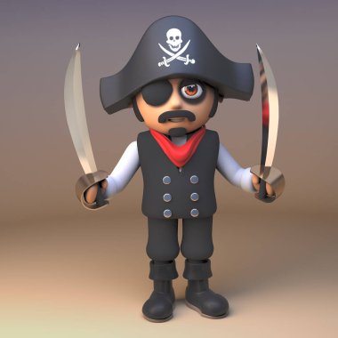 Karikatür 3D korsan deniz Kaptan giyen kafatası ve kırık kemikler Jolly Roger şapka ve eyepatch iki cutlasses, 3D illüstrasyon wields