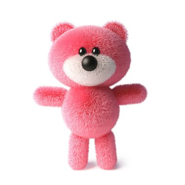 Huzurlu, 3D illüstrasyon ayakta yumuşak pembe kabarık oyuncak ayı karakteri