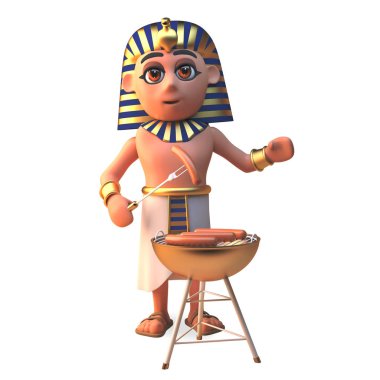 Bir Barbekü BBQ üzerinde Tutankhamun firavunun karakter pişirme sosis, 3D illüstrasyon