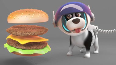 Uzay elbise sevimli köpek köpeği dev peynir burger, 3D illüstrasyon iştahla görünüyor