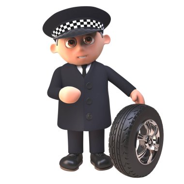 3D polis memuru polis karakteri bir araba lastiği üzerinde sırt kontrol, 3D illüstrasyon