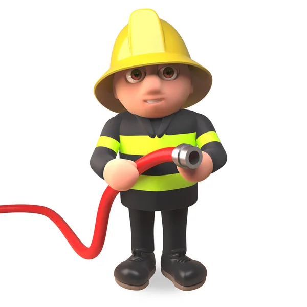 3d Feuerwehrmann Feuerwehrmann Charakter hält einen Feuerwehrschlauch, um einen Brand zu bekämpfen, 3d Illustration — Stockfoto