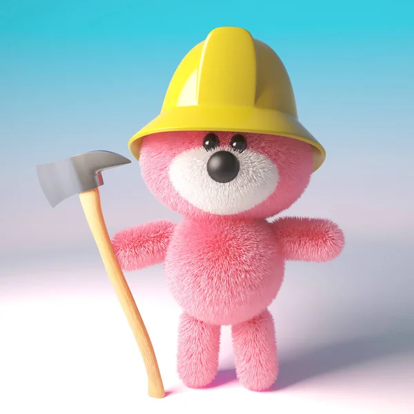 Corajoso rosa fofo ursinho personagem vestido como um bombeiro bombeiro segurando um machado de fogo, ilustração 3d — Fotografia de Stock