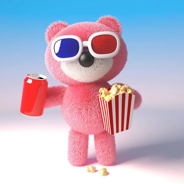 Nallebjörn med rosa päls äta popcorn och dricka en kanna av läsk medan du tittar på en 3D-film, 3D-illustration — Stockfoto