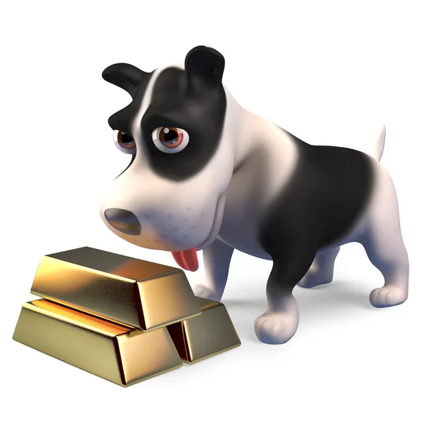 Gazdag kölyök kutya egy halom Arany Rúdarany Ingot bárok, 3D illusztráció — Stock Fotó