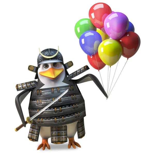 Party animal penguin samurai warrior has some celebratory balloons, 3d illustration