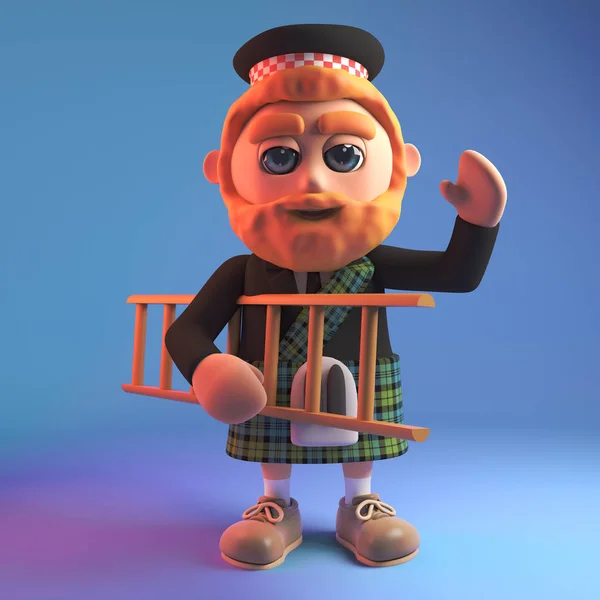 3d мультфильм шотландский человек в тартан килт и sporran с деревянной лестницей, 3d иллюстрации — стоковое фото