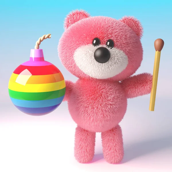 Urso de pelúcia divertido com pele fofa rosa segurando uma bomba de arco-íris e fósforo, ilustração 3D — Fotografia de Stock