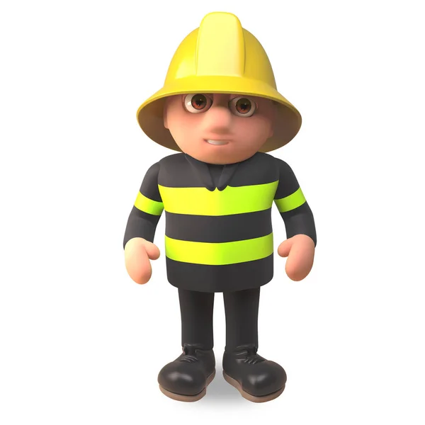 3d personagem bombeiro bombeiro desenho animado em roupas de alta visibilidade, ilustração 3d — Fotografia de Stock