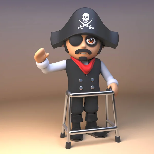 Cartoon 3d pirate captain wearing eyepatch and skull and crossbones jolly roger hat waves while using a zimmer walking frame, 3d illustration