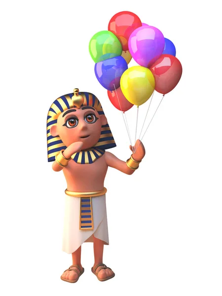 3D Farao Tutankhamun karaktär innehar många färgade fest ballonger för en fest, 3D illustration — Stockfoto