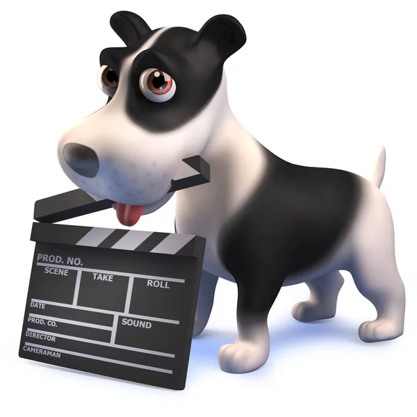 Bonito 3d cartoon preto e branco cachorro cão com um filme ardósia em sua boca — Fotografia de Stock