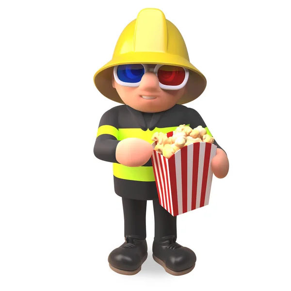 Pompier pompier personnage dans des vêtements de haute visibilité manger du pop-corn tout en regardant un film 3d, illustration 3d — Photo